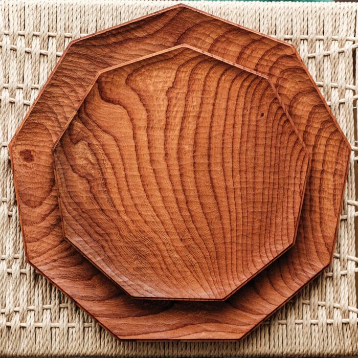 orange octagon wood plate by jon billing
